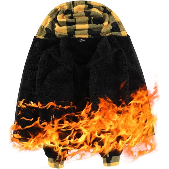 Men'sYellow Black Flannel Plaid Jacket Warm Sherpa Lined Fleece Hoodies - Picture 3 of 5